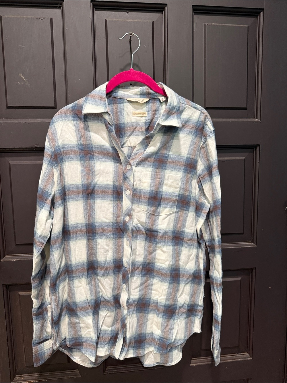 NWOT Light Blue and Brown Plaid Men's Button-Up Shirt